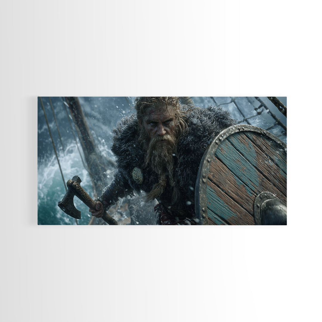 Dramatic Viking Warrior With Beard Holding Axe And Wooden Shield Battle Scene Wall Art Canvas Print
