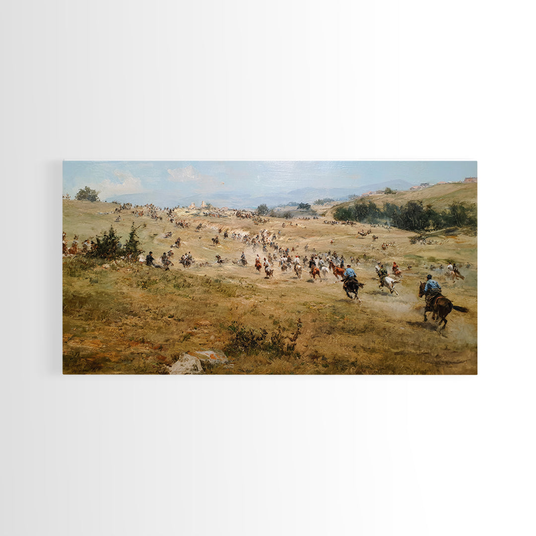 Cavalry Charge Across Rolling Hills Wall Art, Historical Battle Canvas Print For Rustic Living Room Decor And Office Decor