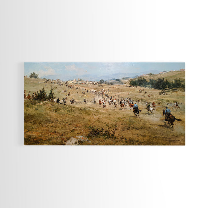 Cavalry Charge Across Rolling Hills Wall Art, Historical Battle Canvas Print For Rustic Living Room Decor And Office Decor