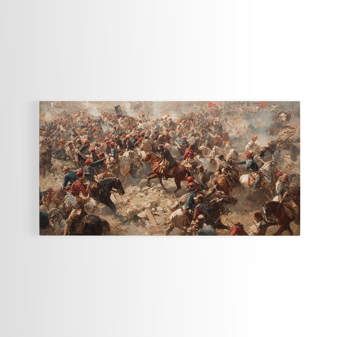 Panoramic Cavalry Charge In Dusty Battle Wall Art, Historic War Canvas Print, Large Living Room Decor, Equestrian Art Print