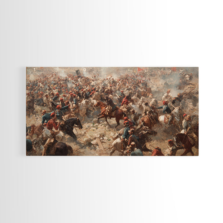 Panoramic Cavalry Charge In Dusty Battle Wall Art, Historic War Canvas Print, Large Living Room Decor, Equestrian Art Print