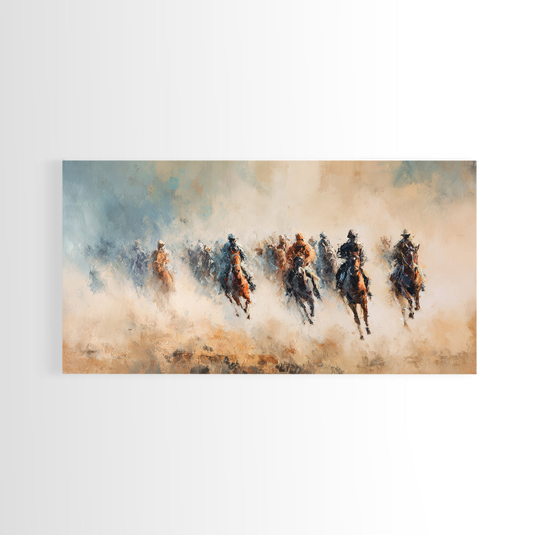 Galloping Horse Riders In Dust Canvas Print, Western Wall Art, Abstract Landscape, Rustic Ranch Decor, Gift For Horse Lover
