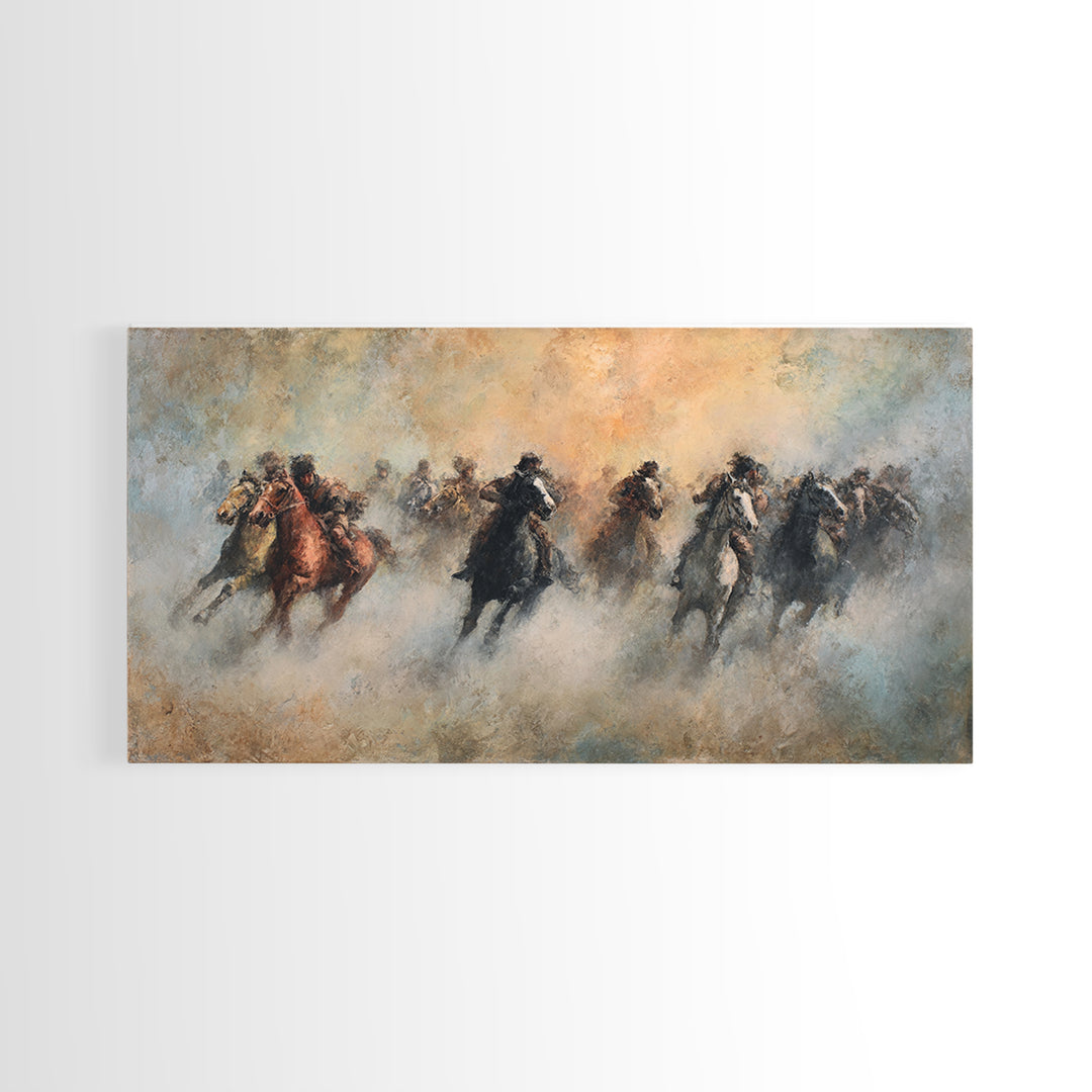 Galloping Horses In Dust Canvas Print, Equestrian Wall Art, Western Horse Racing Decor, Rustic Living Room Decor, Gift For Horse Lover
