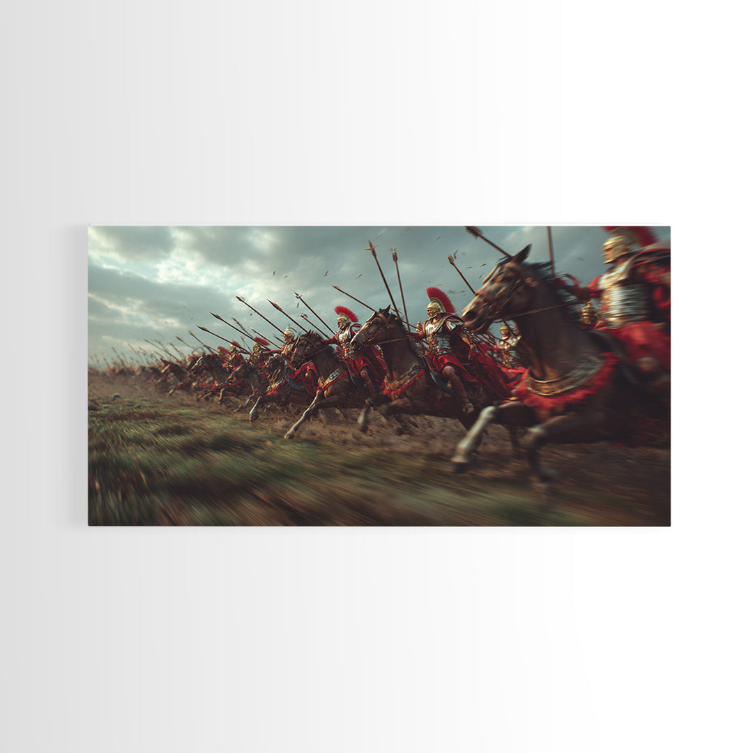 Ancient Cavalry Charge Across Battlefield Wall Art, Horse Racing Battle Canvas Print, Greek Warrior Decor, Dramatic History Poster