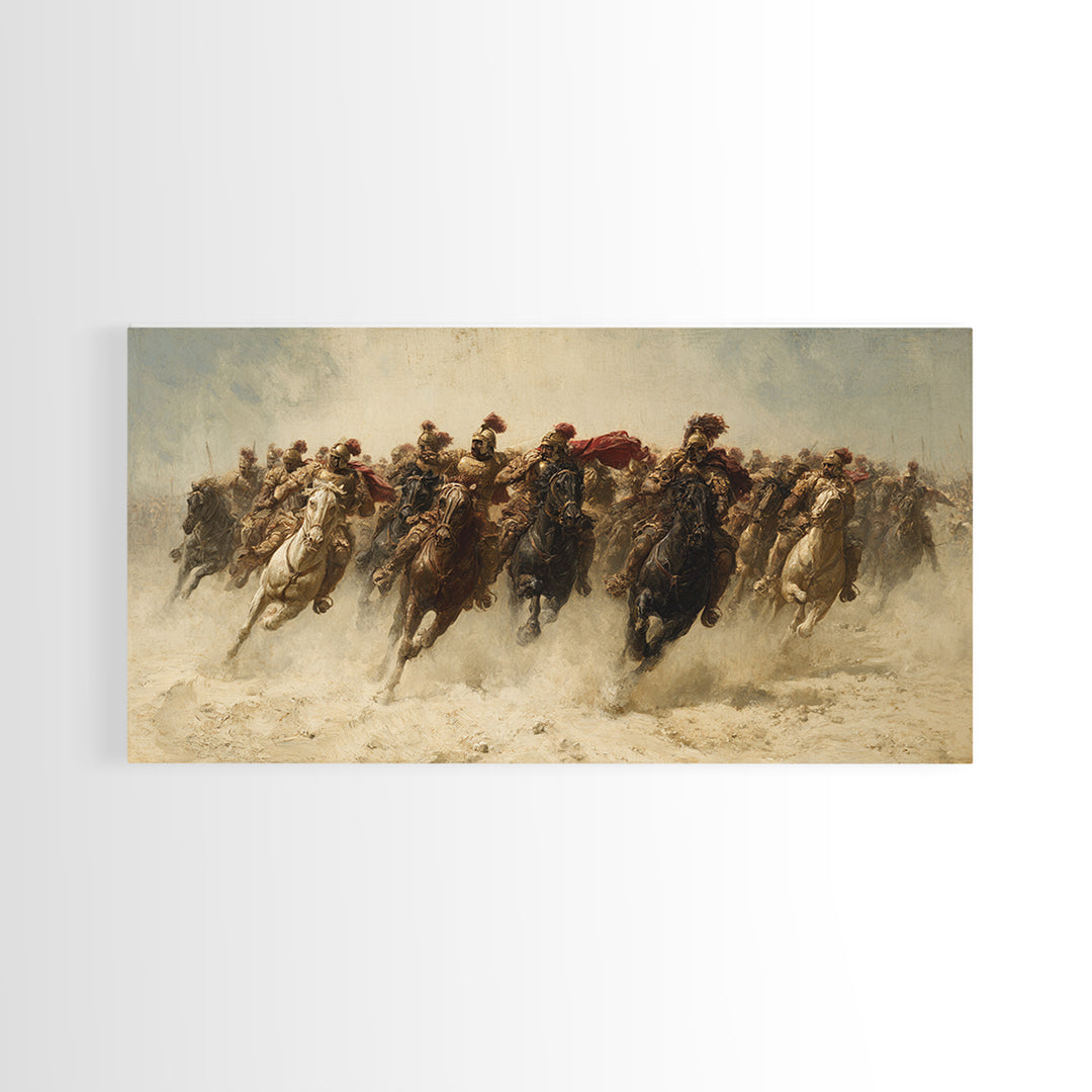 Charging Cavalry Across Dusty Plains Canvas Print, Equestrian Battle Wall Art, Western Horse Decor, Statement Living Room Art
