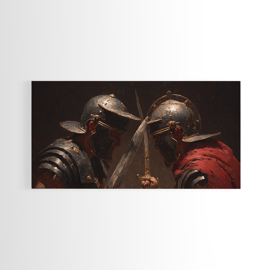 Close Combat Helmeted Knights Crossing Swords Framed Canvas Print, Medieval Duel Wall Art, Dark Academia Office Decor Gift