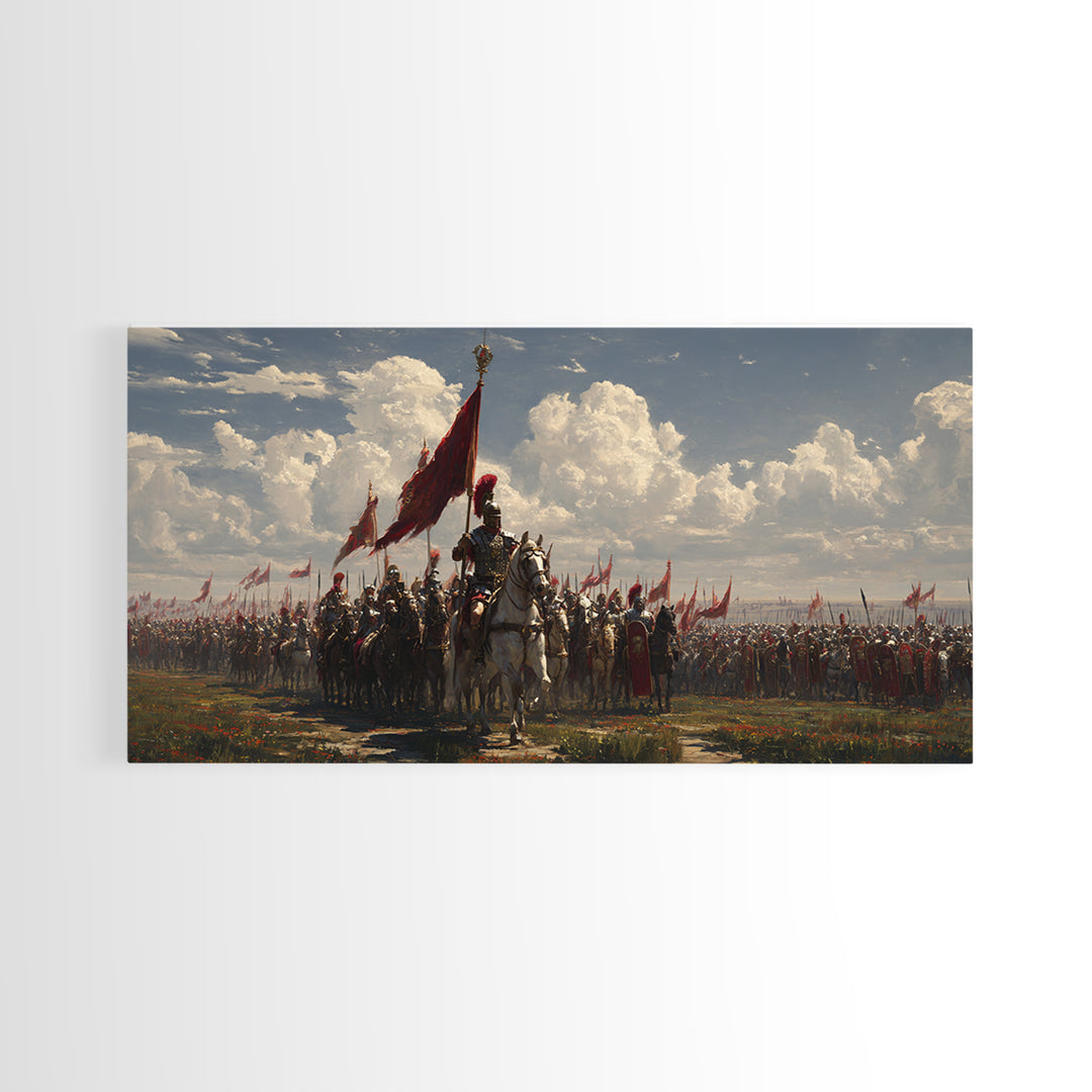 Mounted Knight Army With Red Banner Framed Canvas Print, Medieval Battle Wall Decor, Historical Art, Living Room Decor, Statement Artwork