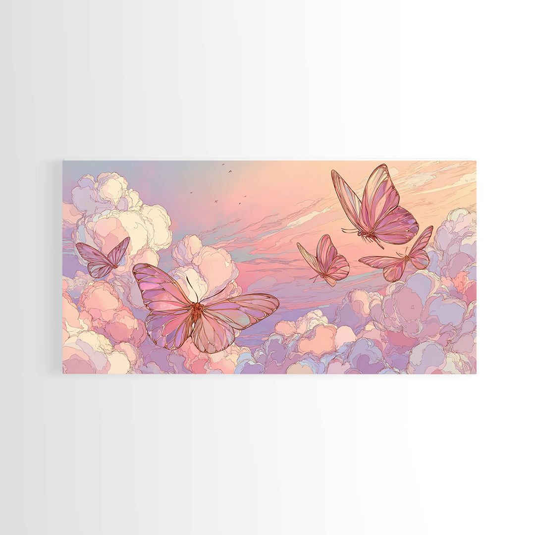 Pastel Butterfly Clouds Wall Art, Dreamy Pink Sky Illustration, Whimsical Nursery Decor, Celestial Bedroom Print For Girls Room