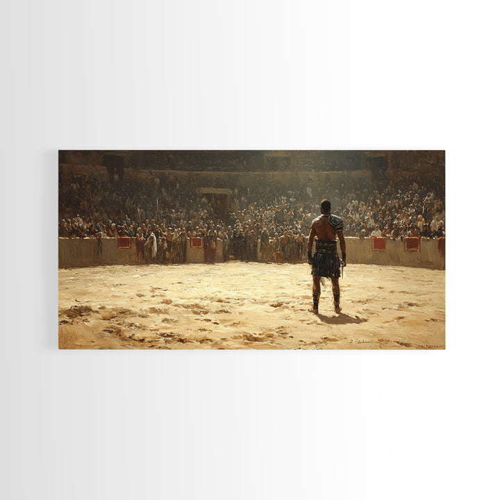 Gladiator Facing Roaring Arena Wall Art, Ancient Rome Warrior Canvas Decor, Historical Battle Painting For Man Cave Decor