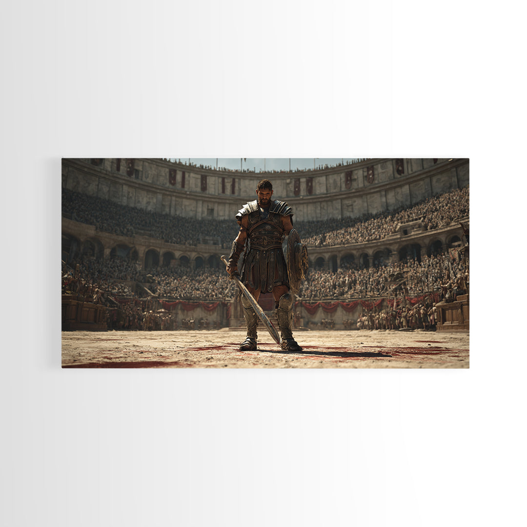 Majestic Gladiator In Arena With Sword And Shield Large Wall Art Framed Canvas Print For Man Cave Decor And Historical Art Prints