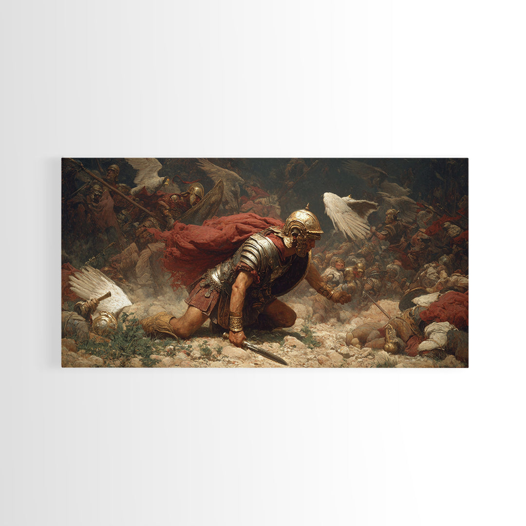 Fallen Roman Soldier In Chaotic Battle Framed Canvas Print, Classical War Wall Decor, Baroque History Art, Dark Academia