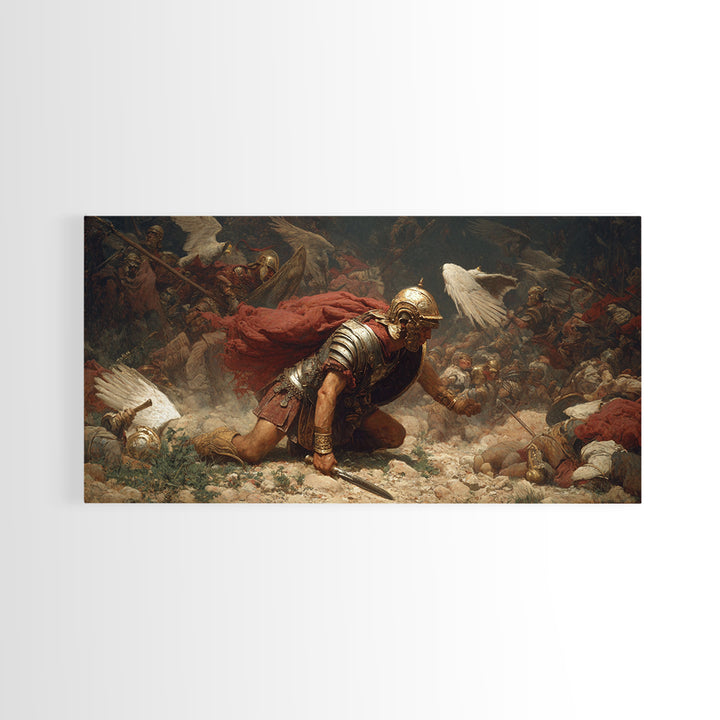 Fallen Roman Soldier In Chaotic Battle Framed Canvas Print, Classical War Wall Decor, Baroque History Art, Dark Academia