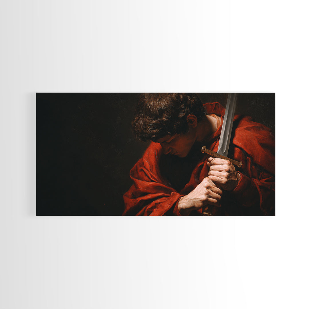 Red Cloaked Swordsman In Shadow Framed Canvas Print, Medieval Portrait Wall Art, Dark Academia Office Decor, Gift For Him
