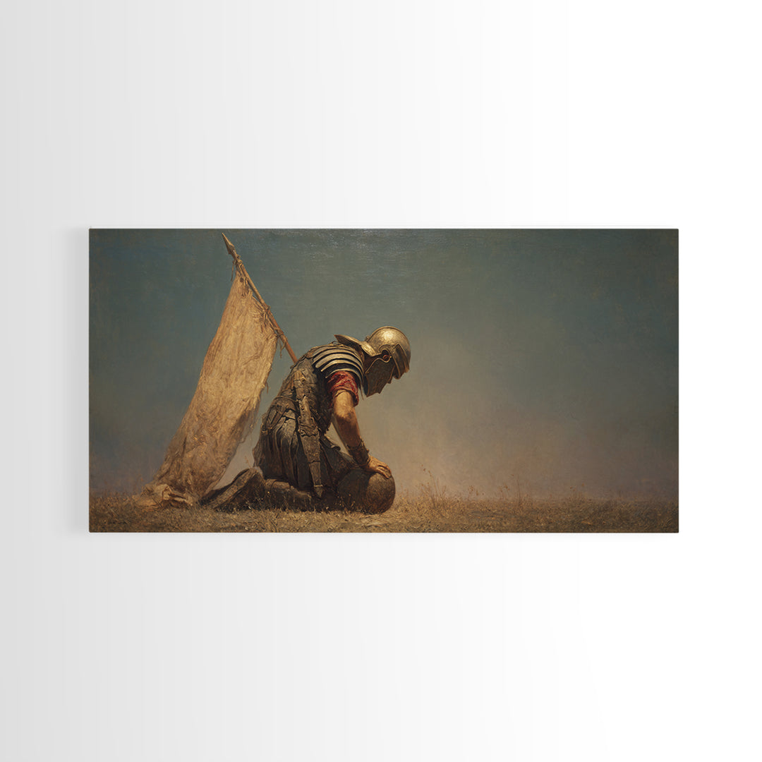 Kneeling Ancient Soldier Beside Tent Canvas Print, Historical Warrior Wall Art, Desert Battlefield Decor, Masculine Gift For Him