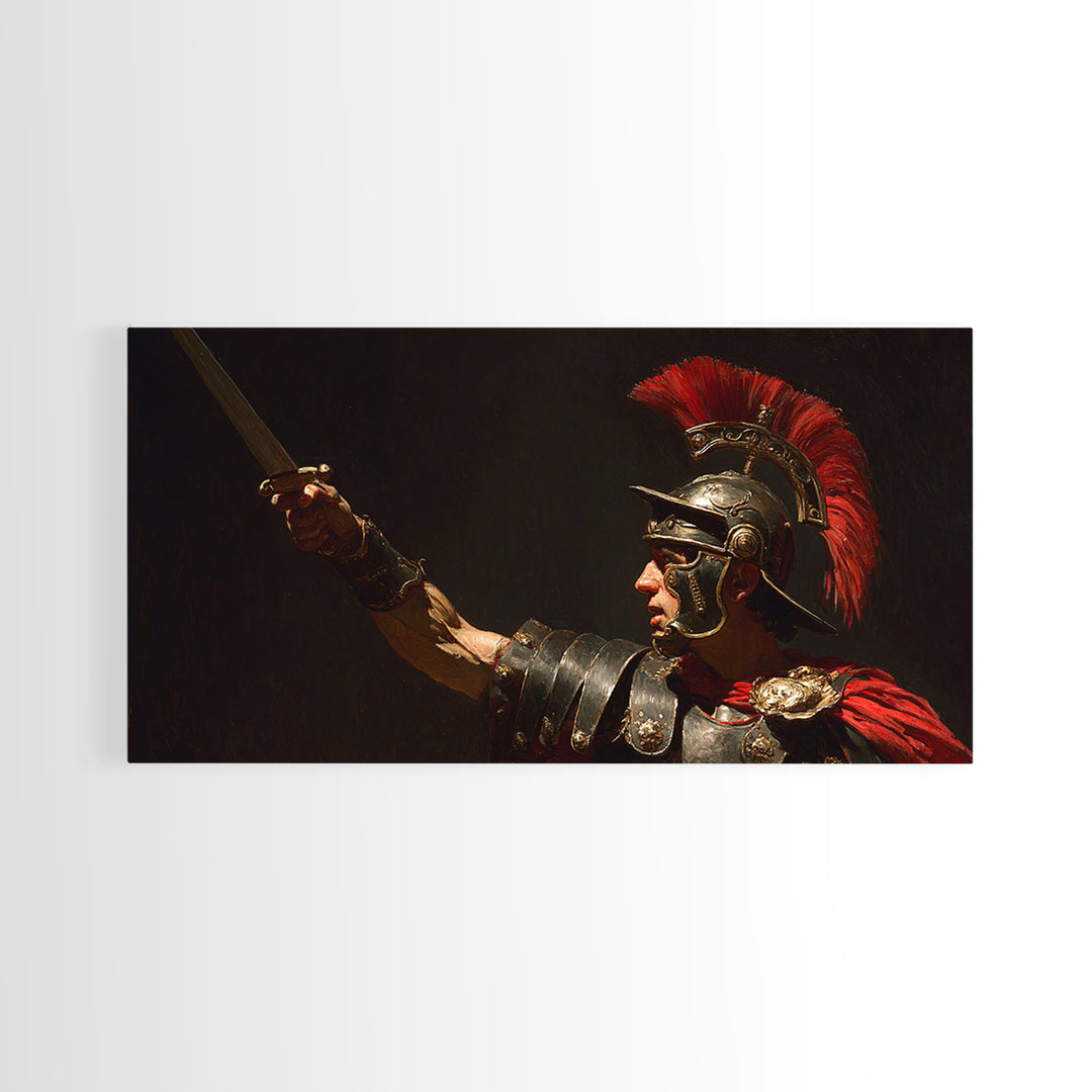 Roman Centurion Raising Sword Framed Canvas Print, Ancient Warrior Wall Art, Dark Academia Decor, Gift For Him, Masculine Office Decor