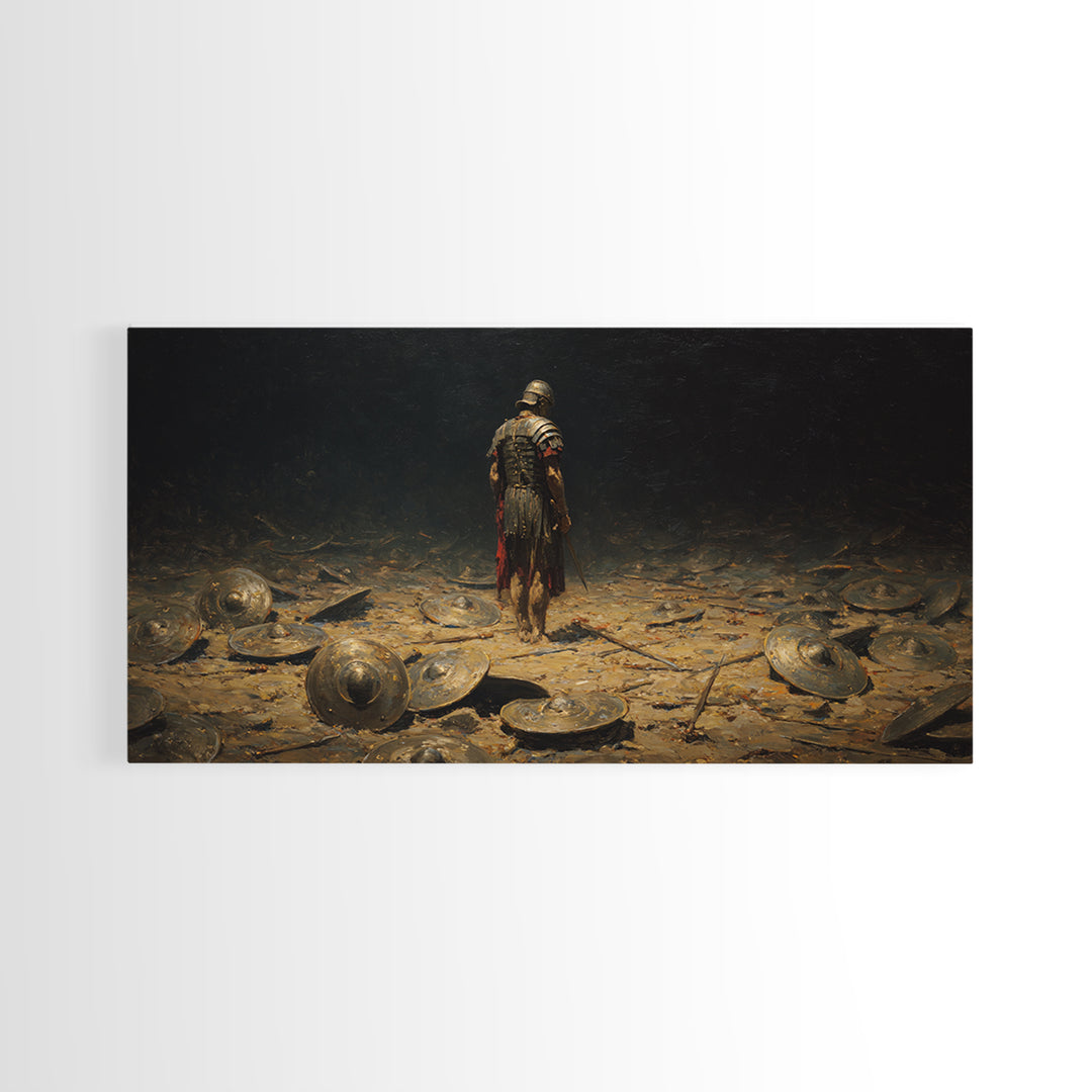 Lone Roman Warrior On Battlefield Framed Canvas Print, Dark Historical Wall Art, Moody Ancient Decor, Masculine Office Art