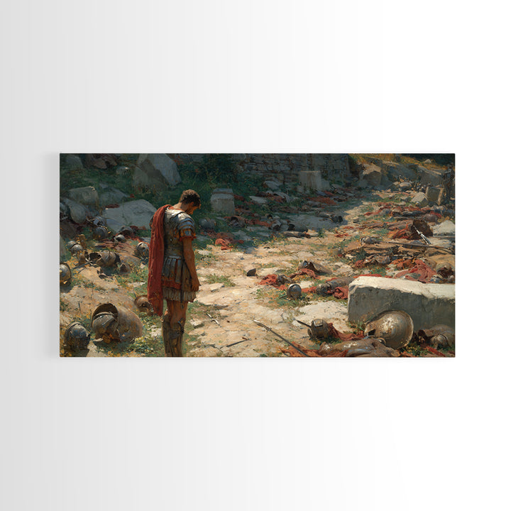 Roman Soldier After Battle Wall Art, Ancient Warrior Canvas Painting, Historical Ruins Decor, Moody Office Art Gift For Him
