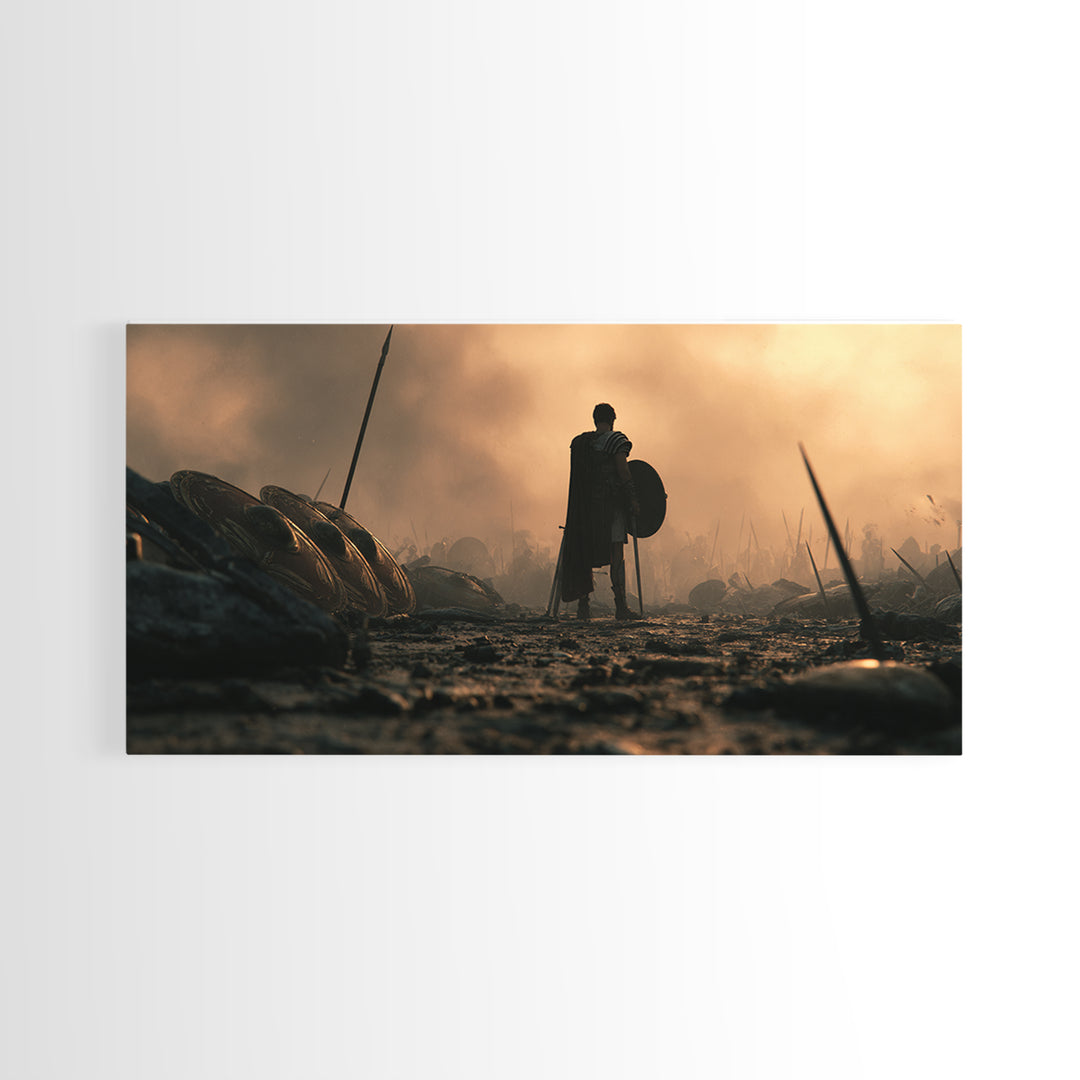 Lonely Spartan Warrior On Smoky Battlefield Canvas Print, Ancient Greek Wall Art, Masculine Office Decor, Gift For Him Poster