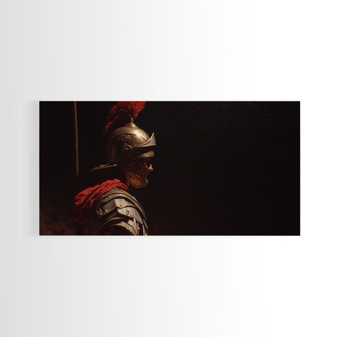 Roman Legion Helmet In Dramatic Shadow Wall Art, Classical Warrior Canvas, Dark Academia Decor, Masculine Office Art Print