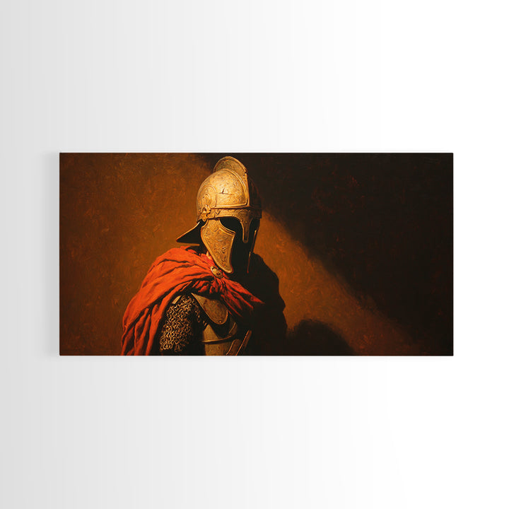 Ancient Helmeted Warrior In Red Cloak Canvas Print, Spartan Wall Art, Dark Academia Decor, Masculine Office Gift For Him
