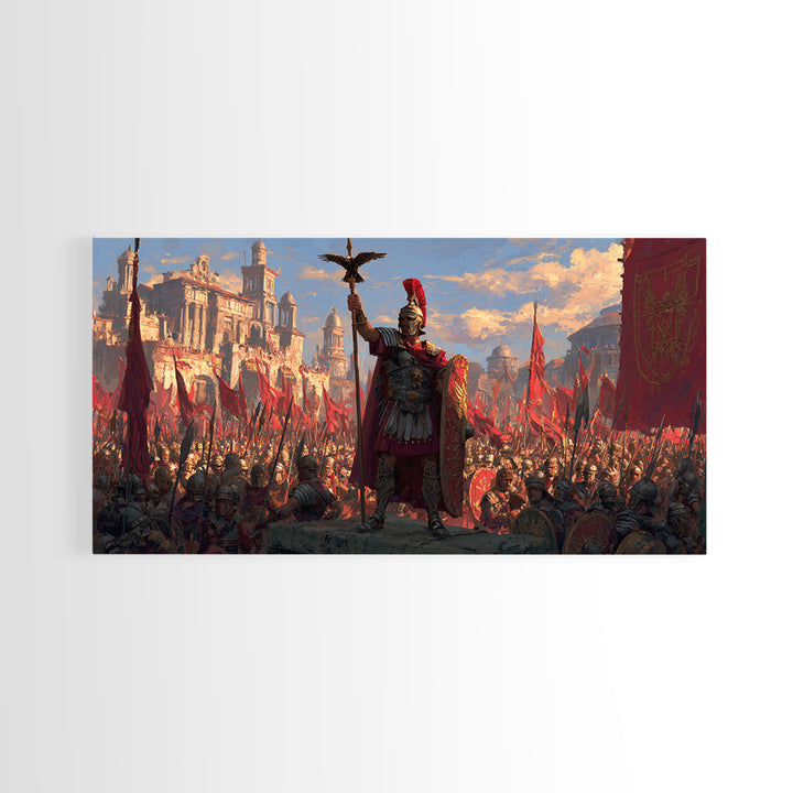 Triumphant Roman General Before Legions Framed Canvas Print, Historical Art, Warrior Wall Art, Statement Artwork, Office Decor