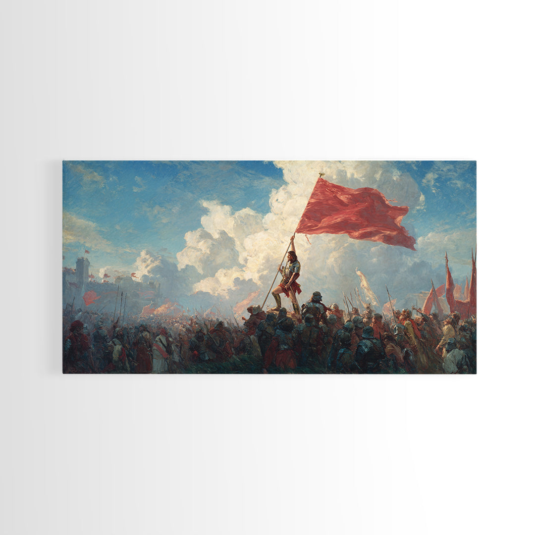Epic Red Flag Battle Scene Wall Art, Historical Warrior Canvas, Dramatic Army Painting, Large Living Room Decor Gift For Him