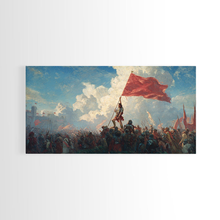 Epic Red Flag Battle Scene Wall Art, Historical Warrior Canvas, Dramatic Army Painting, Large Living Room Decor Gift For Him