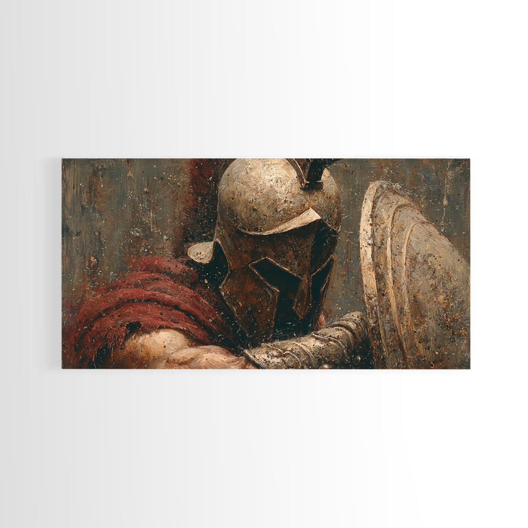 Bronze Helmet And Shield Warrior Framed Canvas Print, Ancient Battle Wall Art, Textured Painting, Gift For Him, Masculine Office Decor