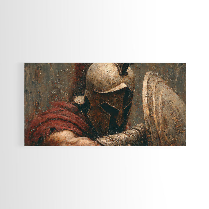 Bronze Helmet And Shield Warrior Framed Canvas Print, Ancient Battle Wall Art, Textured Painting, Gift For Him, Masculine Office Decor
