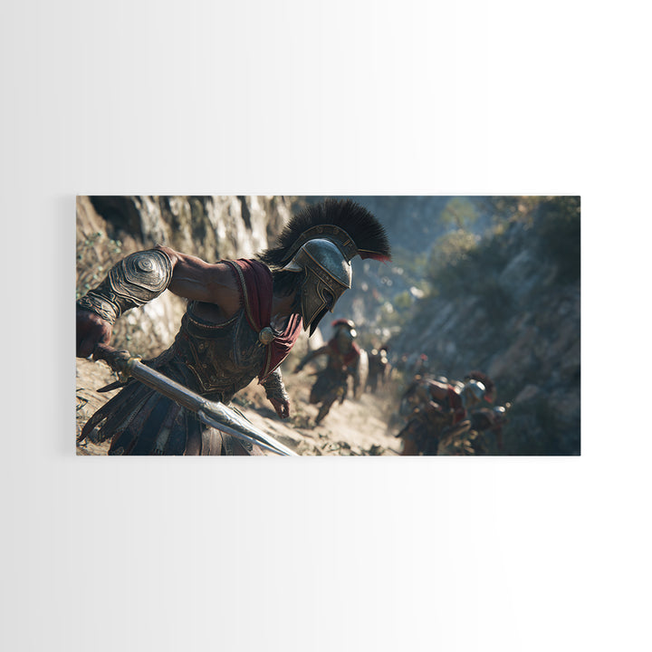 Spartan Warrior Sprinting Through Mountain Pass Wall Art, Ancient Greek Canvas Print, Battle Scene Decor, Masculine Office Poster