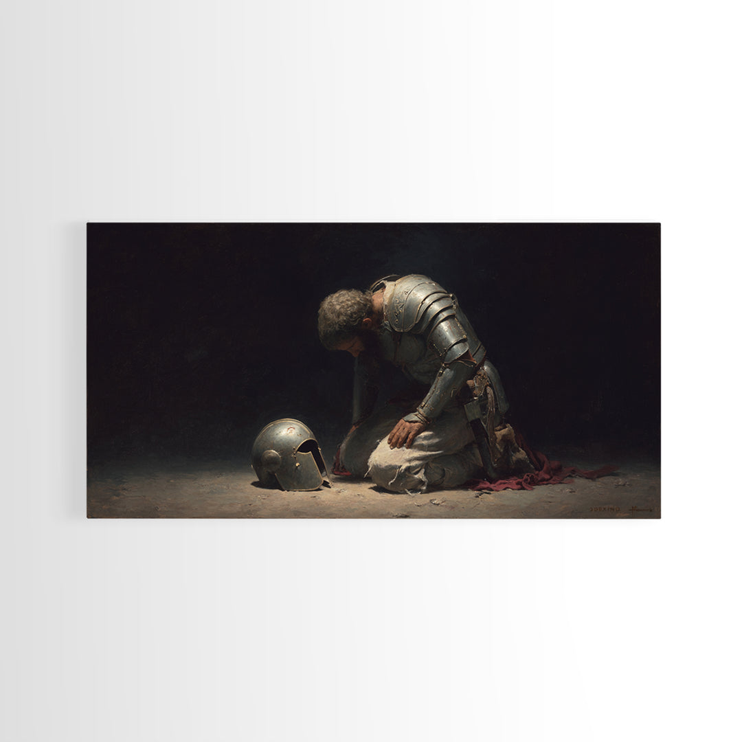 Kneeling Knight With Helmet Wall Art, Dark Medieval Canvas Painting, Gothic Warrior Decor, Moody Office Art Gift For Him