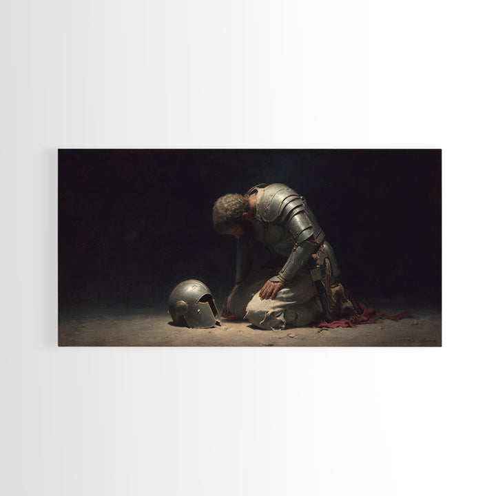 Kneeling Knight With Helmet Wall Art, Dark Medieval Canvas Painting, Gothic Warrior Decor, Moody Office Art Gift For Him
