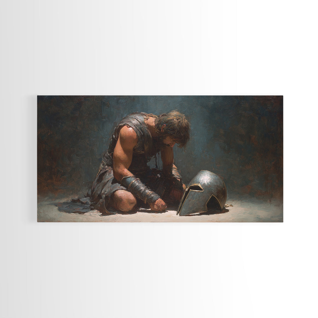 Defeated Ancient Gladiator With Helmet Framed Canvas Print, Dark Academia Wall Decor, Mythological Art, Gift For Him, Living Room Art