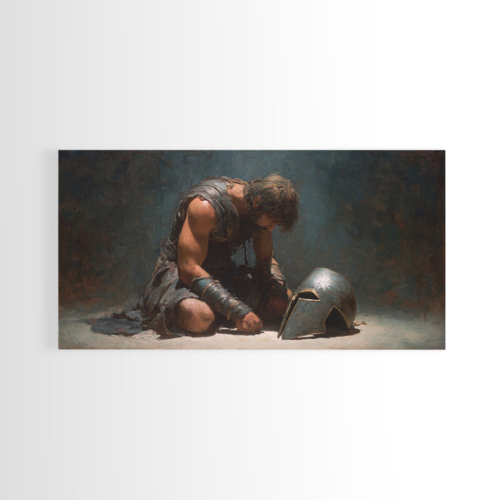 Defeated Ancient Gladiator With Helmet Framed Canvas Print, Dark Academia Wall Decor, Mythological Art, Gift For Him, Living Room Art