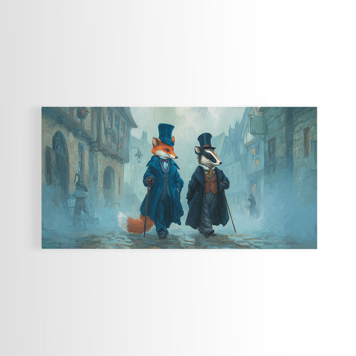 Dapper Fox And Badger In Foggy Village Canvas Print, Whimsical Animal Wall Art, Storybook Nursery Decor Gift, Kids Room Art