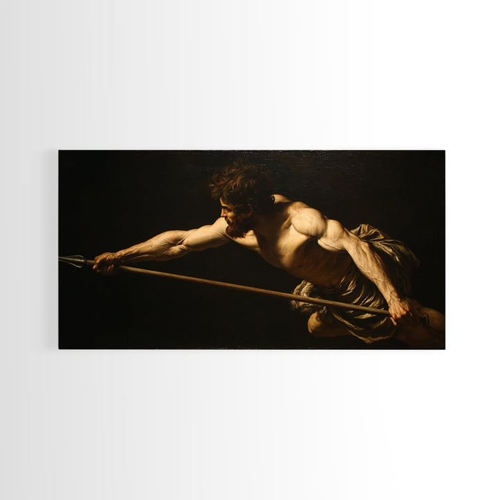 Muscular Warrior With Spear In Dramatic Shadow Wall Art, Baroque Classical Canvas, Dark Academia Decor, Mythology Art Print