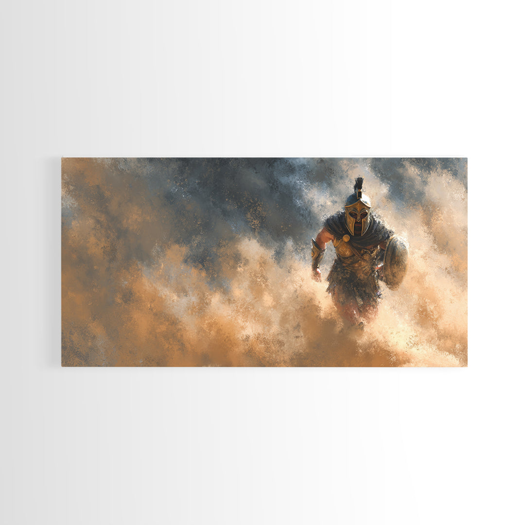 Armored Gladiator Charging Through Dust Framed Canvas Print, Roman Warrior Wall Art, Dramatic Man Cave Decor, Gift For Him
