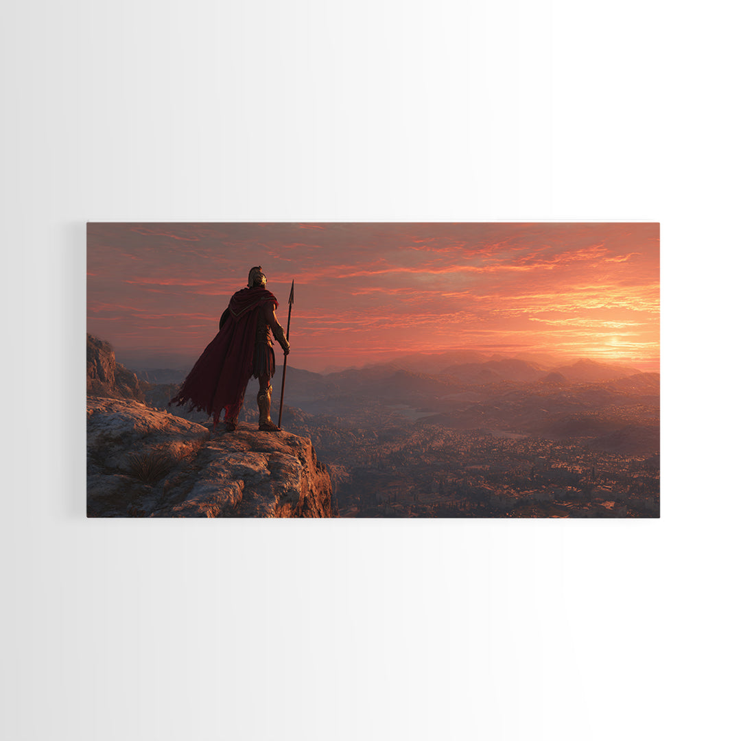 Epic Ancient Warrior Standing On Cliff Overlooking Valley Sunset Landscape Wall Art Modern Digital Painting Canvas Print For Office Decor
