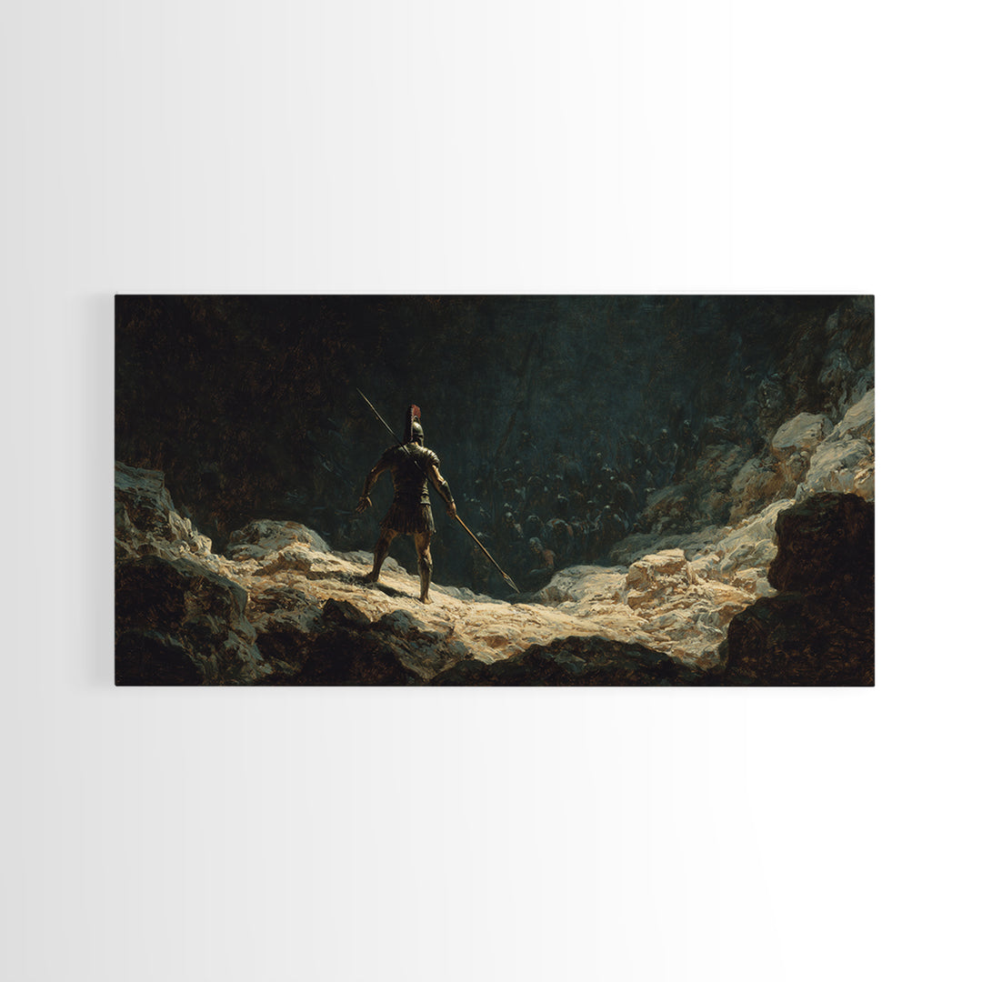 Lone Spear Warrior Facing Shadow Army Wall Art, Ancient Battle Canvas Print For Dark Fantasy Home Decor And Man Cave Office Decor