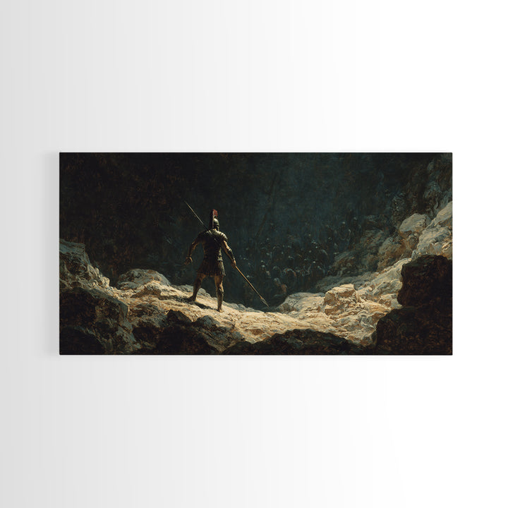 Lone Spear Warrior Facing Shadow Army Wall Art, Ancient Battle Canvas Print For Dark Fantasy Home Decor And Man Cave Office Decor