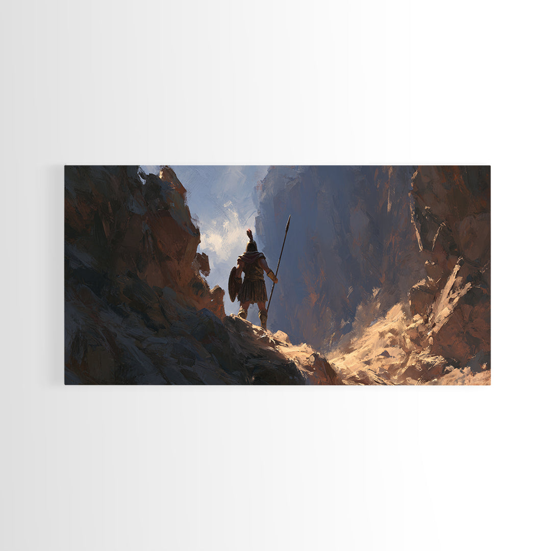 Lone Warrior In Mountain Canyon Framed Canvas Print, Fantasy Art, Mountain Wall Art, Rustic Decor, Gift For Him, Office Wall Art