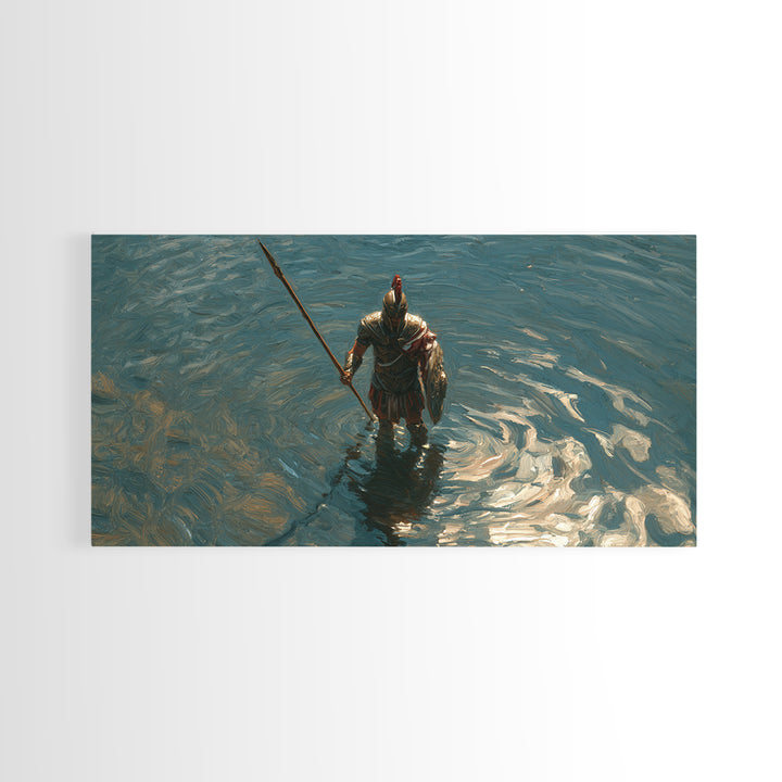 Armored Knight Standing In Shimmering Water Canvas Print, Medieval Fantasy Wall Art, Moody Lake Decor For Living Room Art