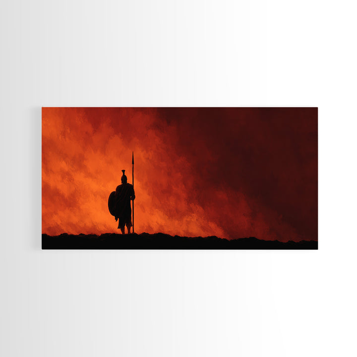 Lone Spear Warrior At Fiery Red Horizon Wall Art, Epic Fantasy Battle Canvas, Dark Warrior Decor, Man Cave Gift, Home Office Decor