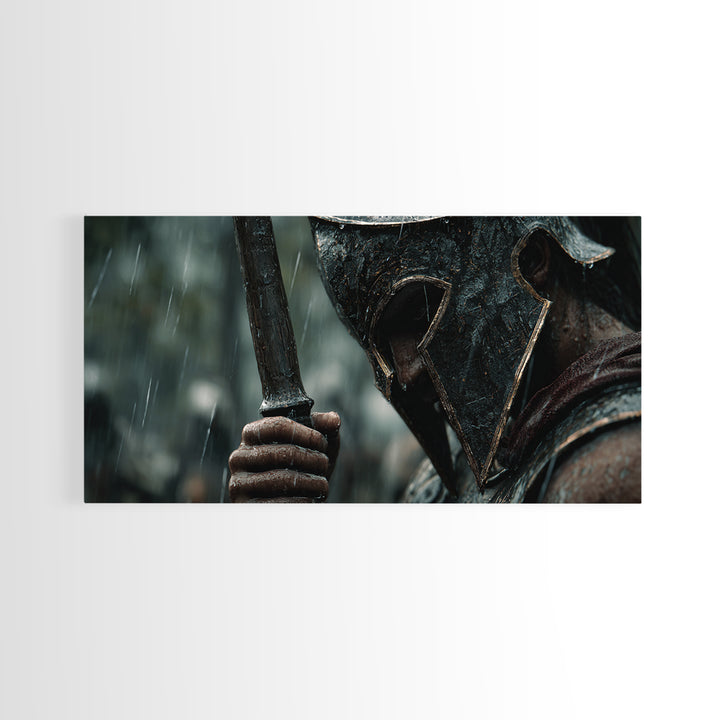 Rain Soaked Spartan Helmet And Axe Framed Canvas Print, Dark Warrior Wall Art, Ancient Battle Decor, Masculine Gift For Him