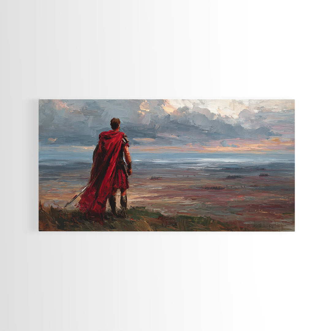 Red Cloaked Warrior Over Stormy Shore Wall Art, Epic Coastal Landscape Canvas Print, Fantasy Living Room Decor, Gift For Him