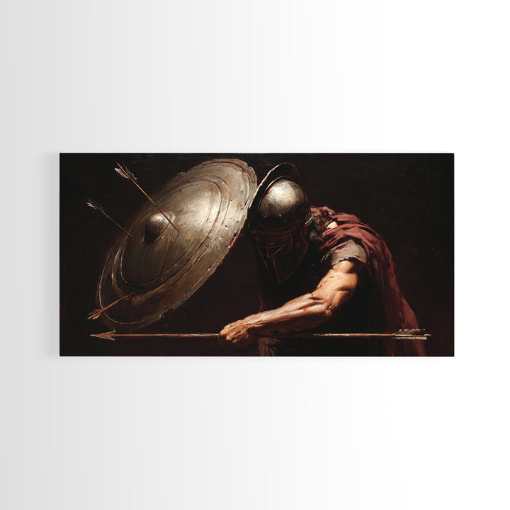 Armored Warrior With Shield And Spear Canvas Print, Dark Fantasy Wall Art, Medieval Battle Decor For Office Or Man Cave Gift