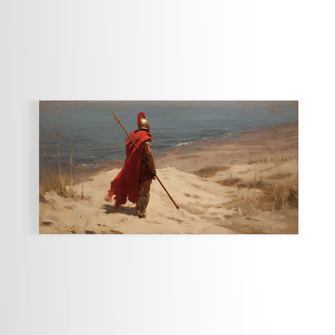 Lone Spartan Warrior On Shore Framed Canvas Print, Ancient Greek Wall Art, Historical Coastal Decor, Masculine Gift For Him