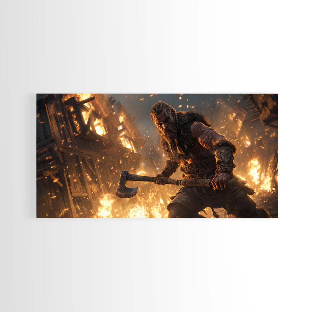 Fiery Viking Warrior Holding Axe Against Burning Village Background Canvas Print For Rustic Home Decor And Office Art
