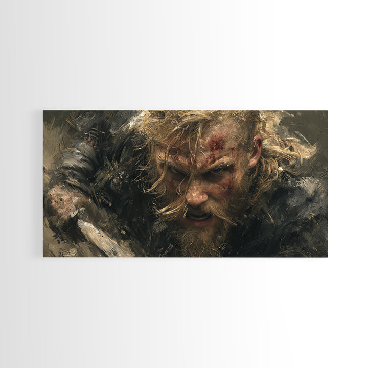Fierce Viking Berserker Close Up Canvas Print, Nordic Warrior Portrait Wall Art, Dark Medieval Decor For Masculine Office