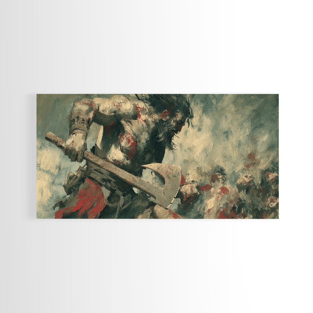 Bloodied Axe Warrior In Chaotic Battle Wall Art, Viking Fantasy Painting, Dark Medieval Canvas Decor For Man Cave Gift For Him